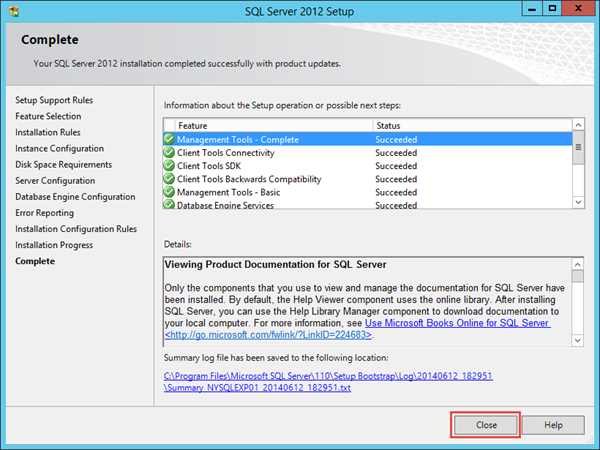 SQL 2012 Express Installation Completion